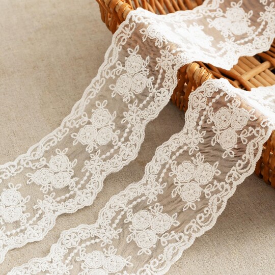 StaticPoster; Lace Trim Ribbon, 3-Yard White Lace Ribbon, 3.3 Inch Width White Laces Trims Delicate Floral Pattern Ribbons for Crafts Sewing and Bridal Wedding Dress Applique Decorations; Category:Decorative Ribbon; Image:1